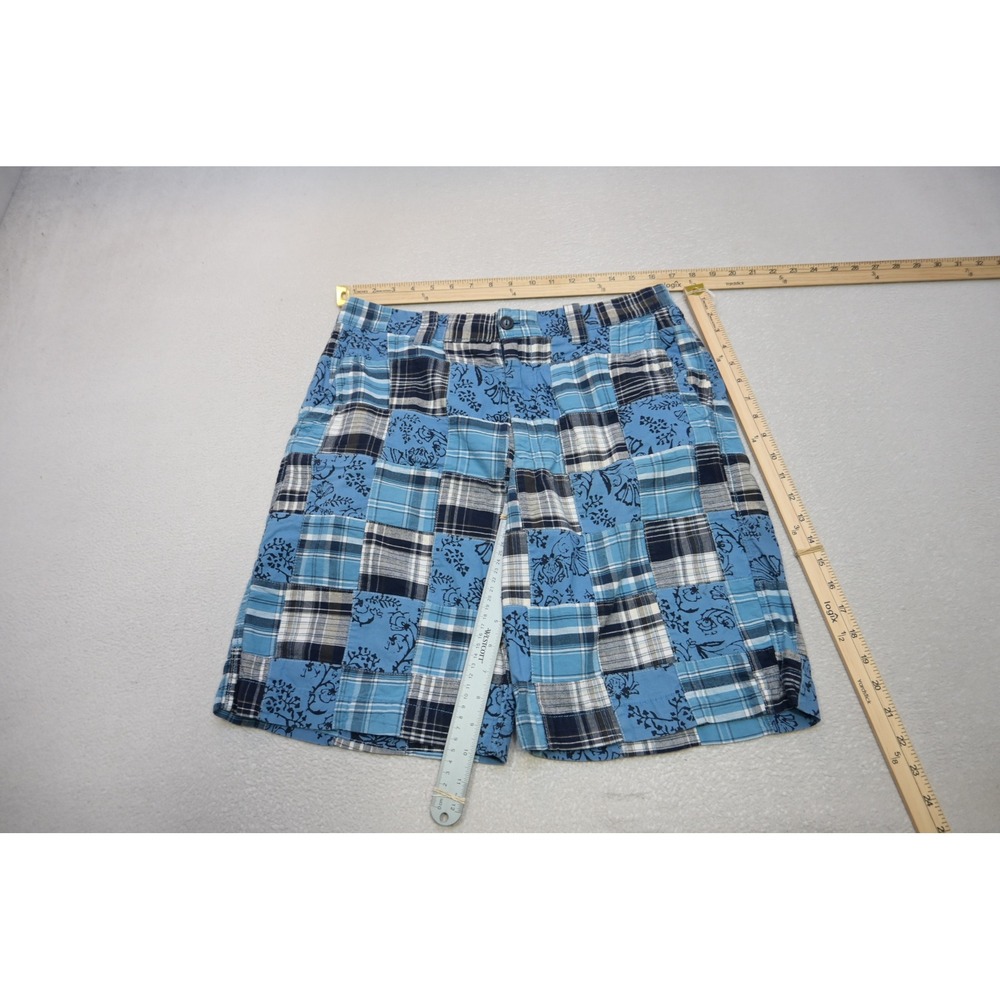 Izod Patchwork Shorts Mens 32 Blue Plaid Floral Cotton Flat Front Excellent